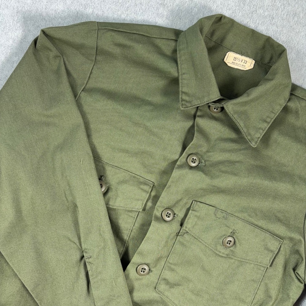 Vintage OG-507 Utility Shirt Mens 15.5x33 Green Solid L/S 70s US Army USGI